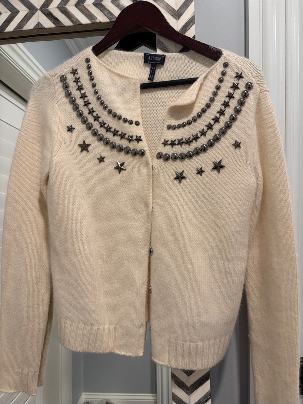 Armani Jeans Cream Crewneck Cardigan with Gunmetal Star Studs